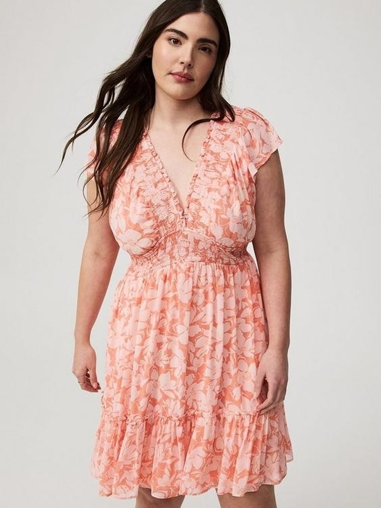torrid Dresses & Skirts - Torrid Coral Floral Chiffon Ruffle Deep V-Neck Smocked Back Mini Dress Plus Size